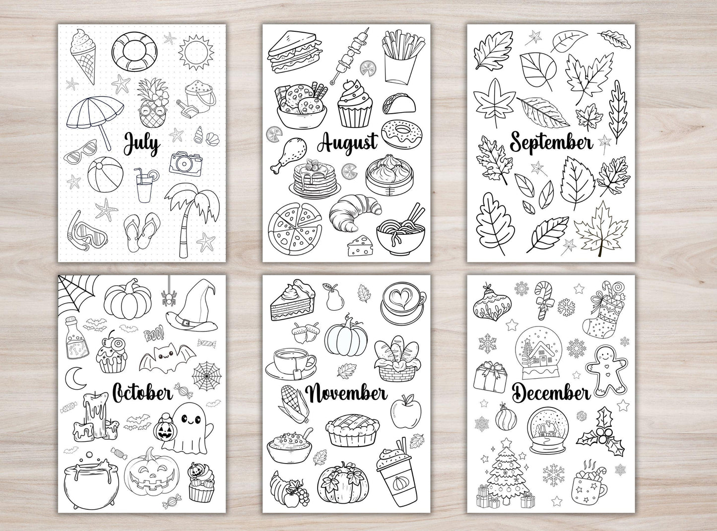 Set of six black and white calendar pages for July to December on a wooden surface.