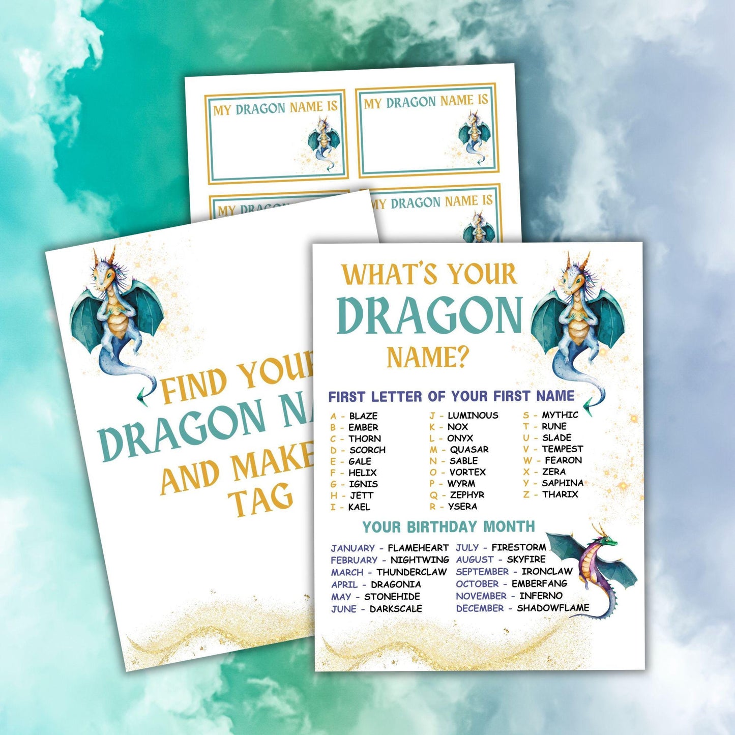 Dragon-themed name generator cards on a blue and green gradient background