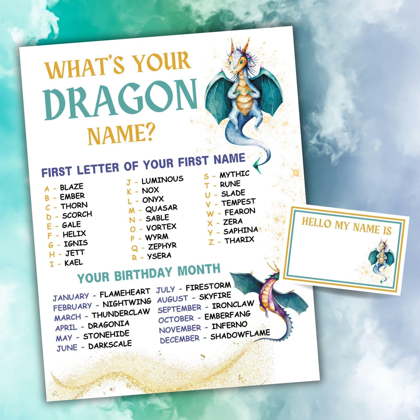 Sheet with 'What's Your Dragon Name?' game on a blue and white cloud background