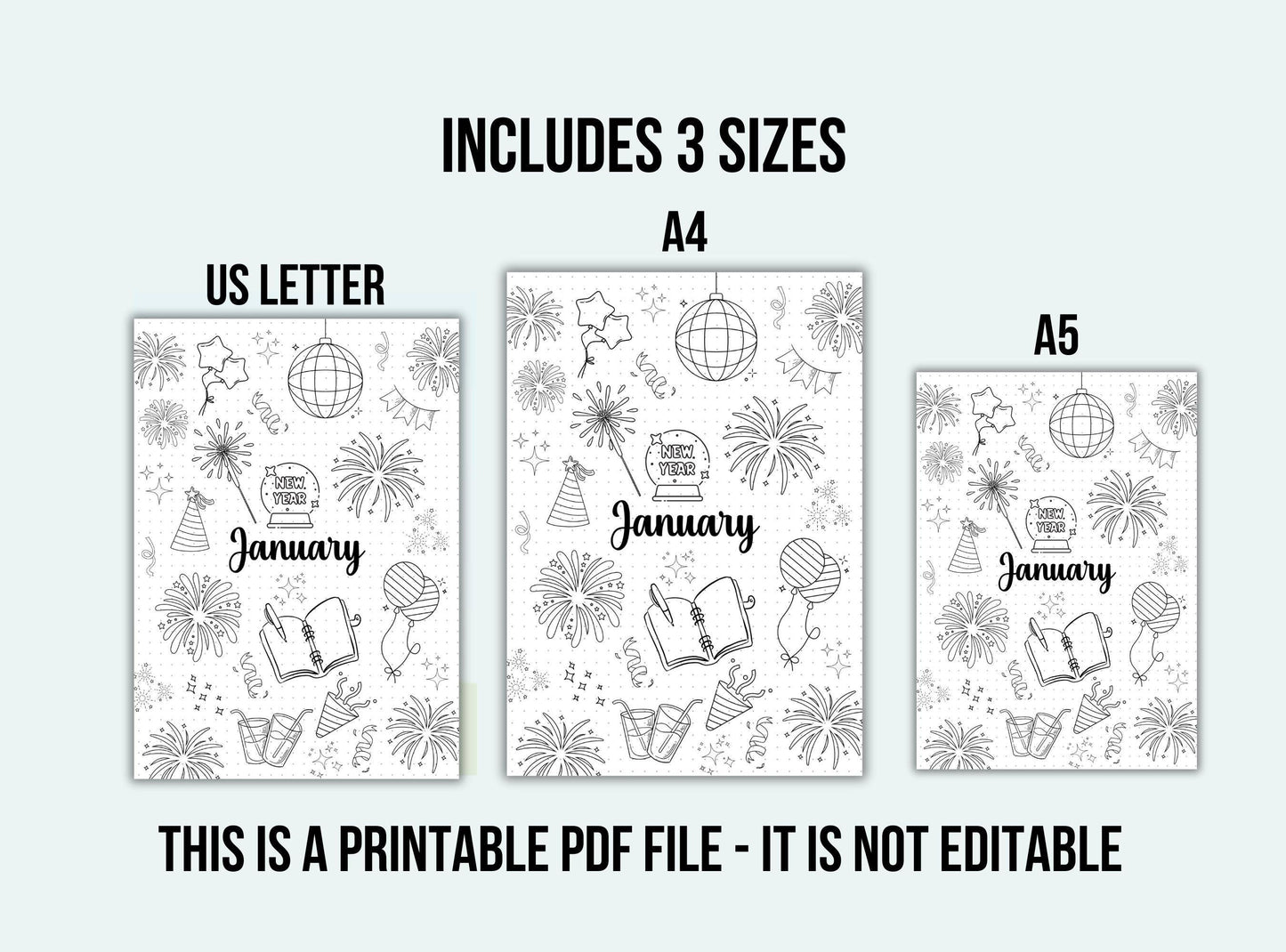 Three sizes of January-themed pages with doodles on a white background.