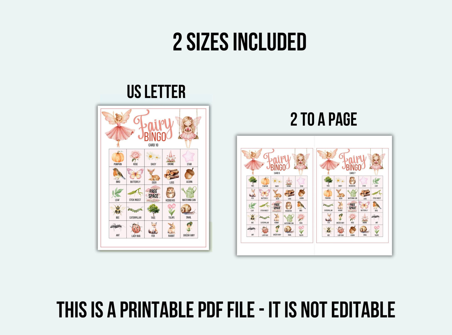 Two versions of a 'Fairy Bingo' printable PDF file with text indicating sizes and page layout.