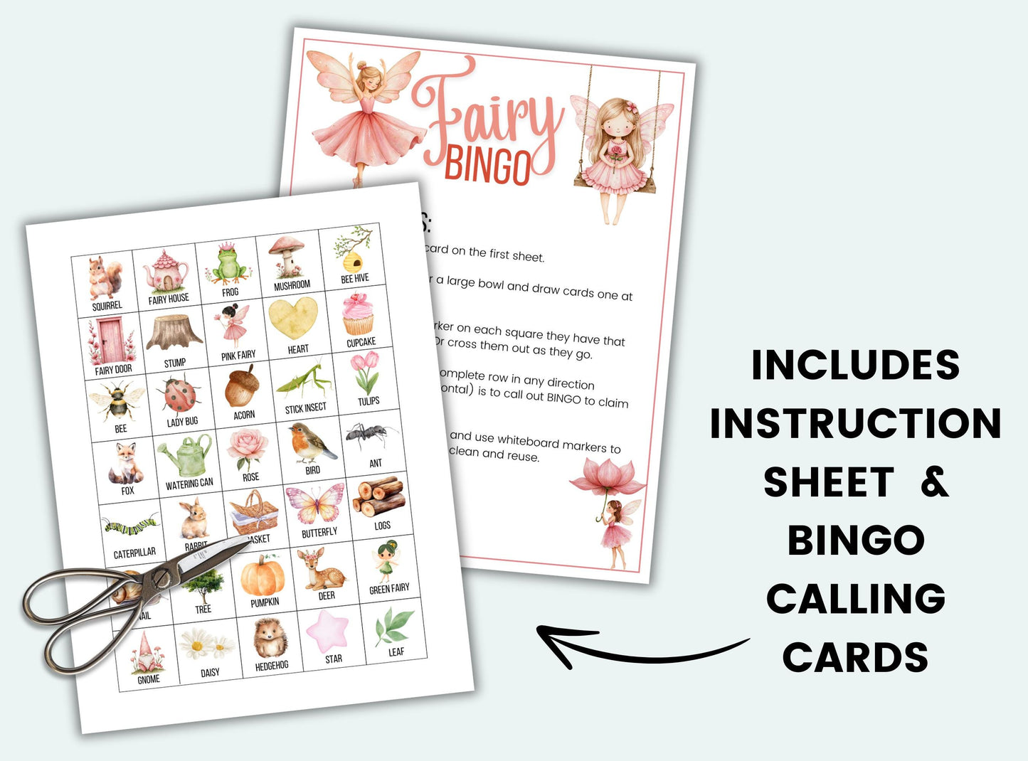 Fairy-themed bingo game set with instruction sheet and calling cards on a white background.