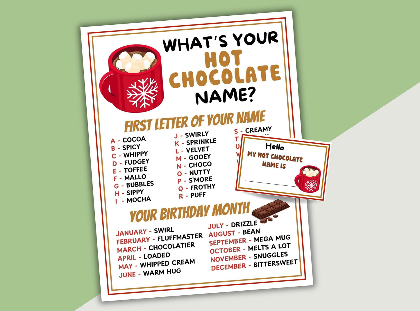 Hot chocolate name game with a red mug graphic on a green background