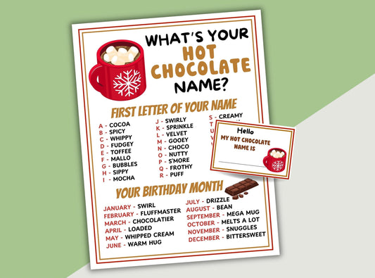 Hot chocolate name game with a red mug graphic on a green background