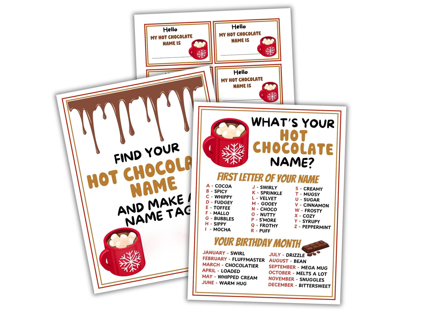 Printable hot chocolate name game with red mug graphics on a white background