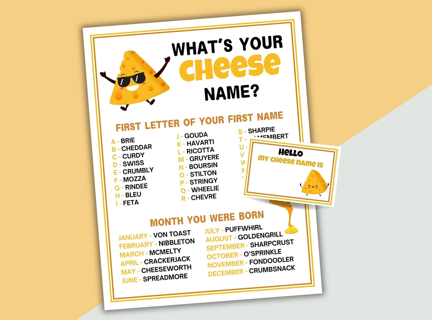 Cheese-themed name game with a yellow background