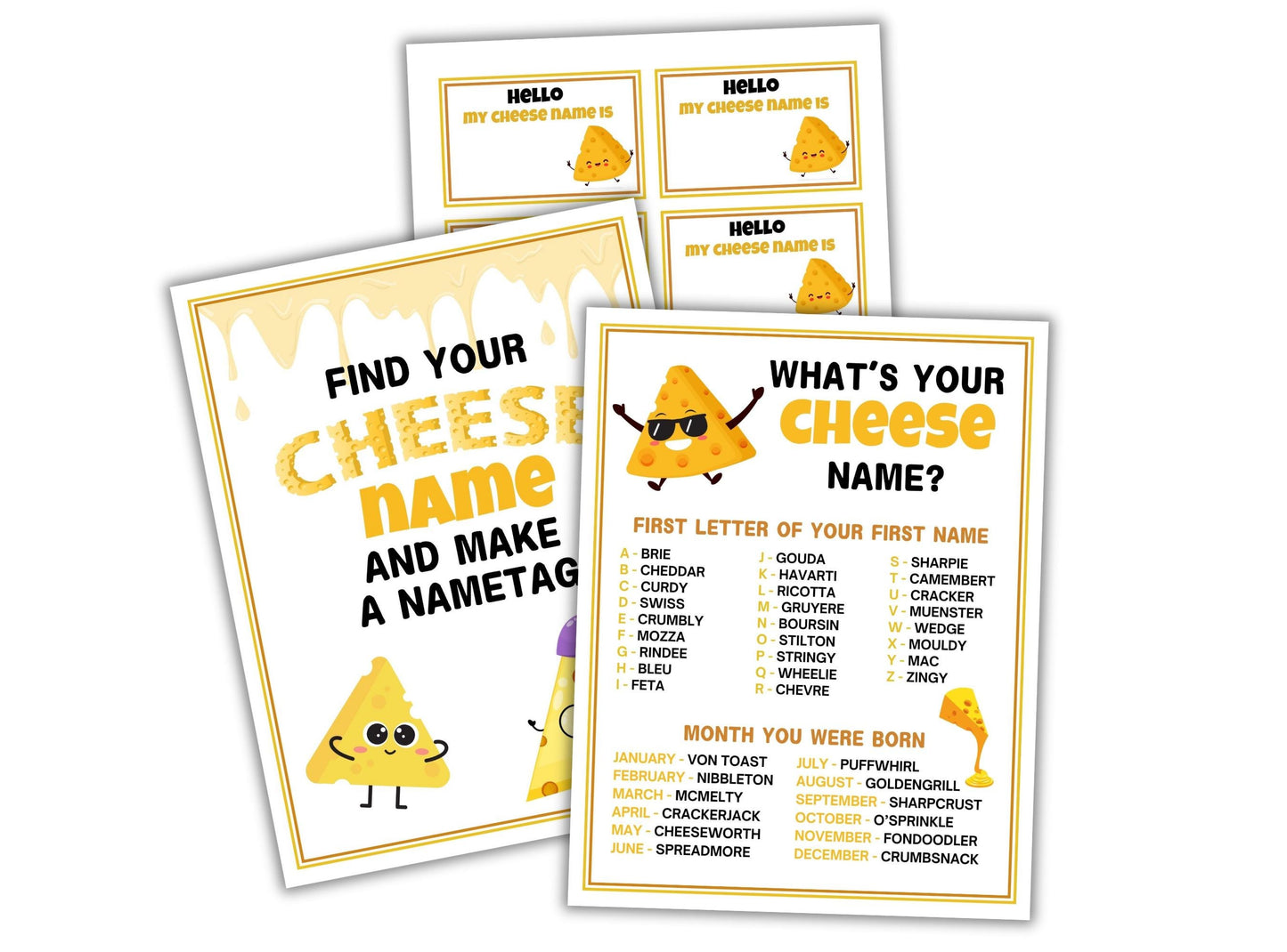 Cheese-themed name tag printables with cheese character graphics on a white background.