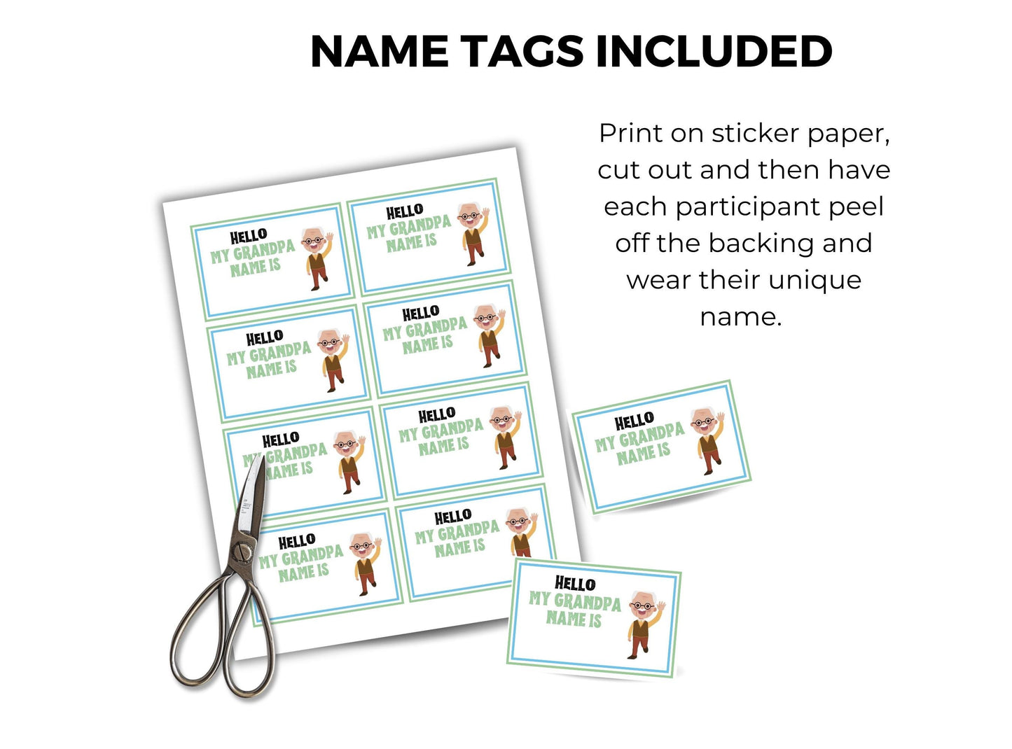 Name tags with a cartoon character and scissors on a white background