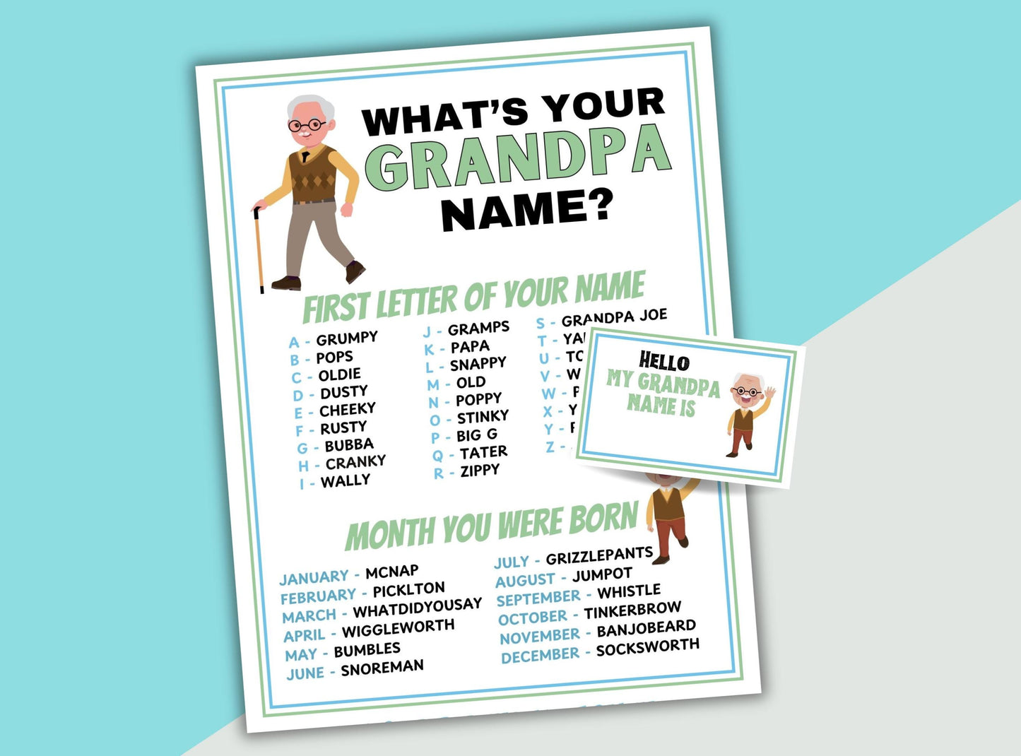 Printable game for naming a grandpa with illustrations and text on a light blue background