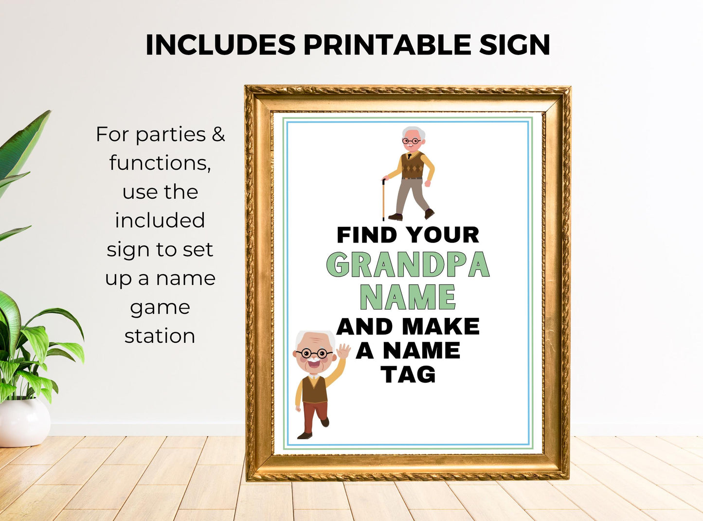Framed printable sign with text and images of a grandfather and grandson, on a white wall.