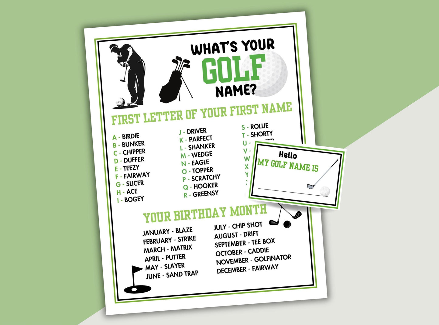 Golf-themed name generator card with humorous names and a golf club graphic on a green background.