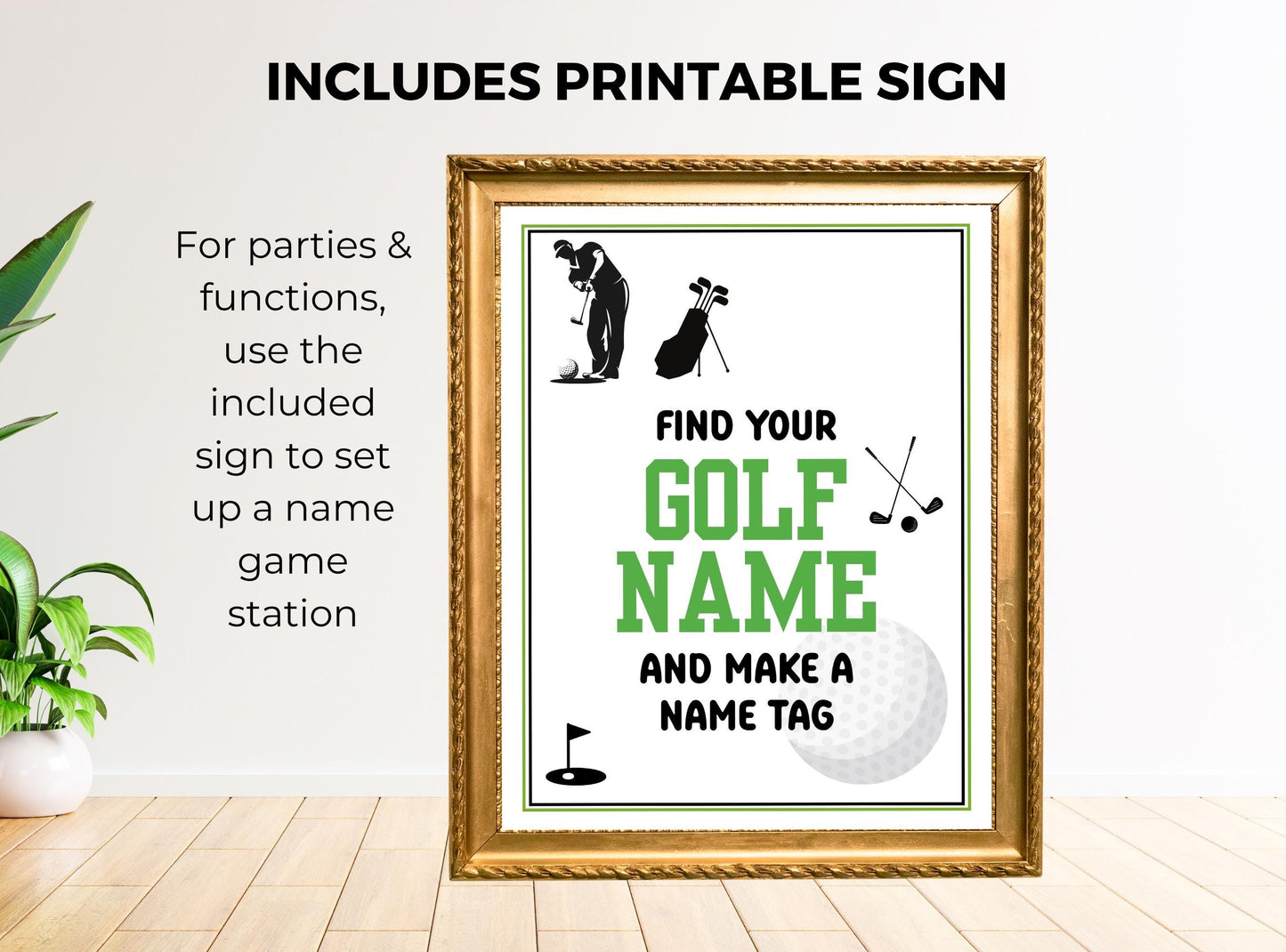 Decorative sign with golf-themed text and graphics on a white wall.