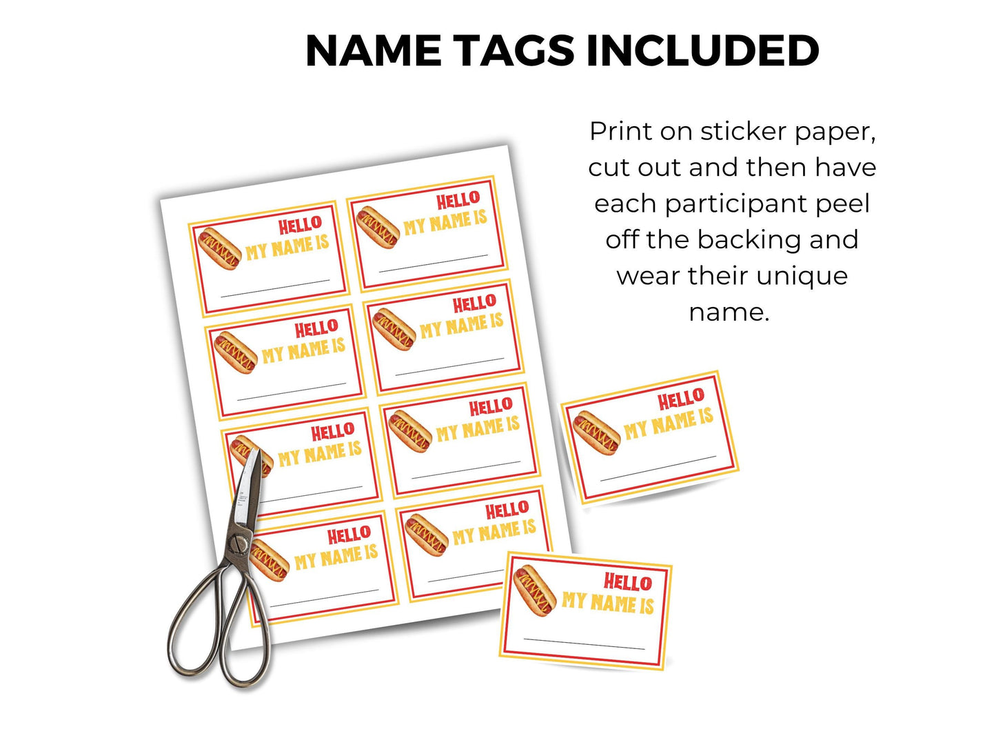 Sheet of name tags with scissors on a white background