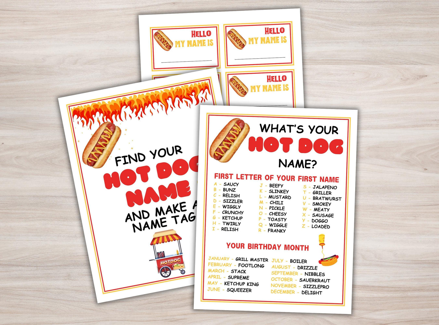 Three printed sheets with hot dog-themed activities on a wooden surface