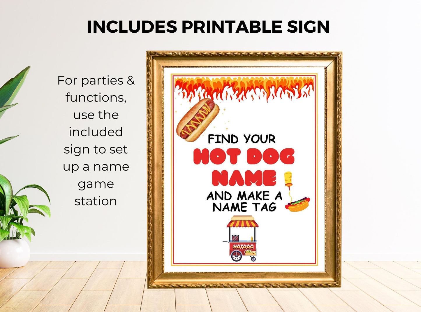 Framed printable sign with hot dog-themed design on a white wall.