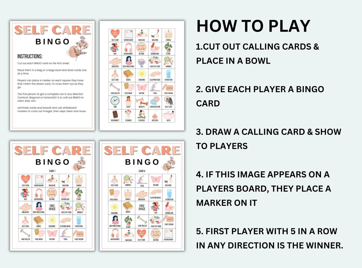 Self-care bingo cards with instructions on how to play.