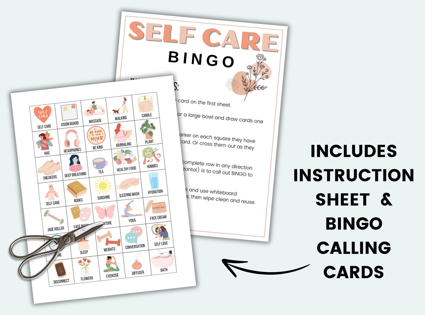 Self-care bingo game set with instructions and calling cards on a white background.