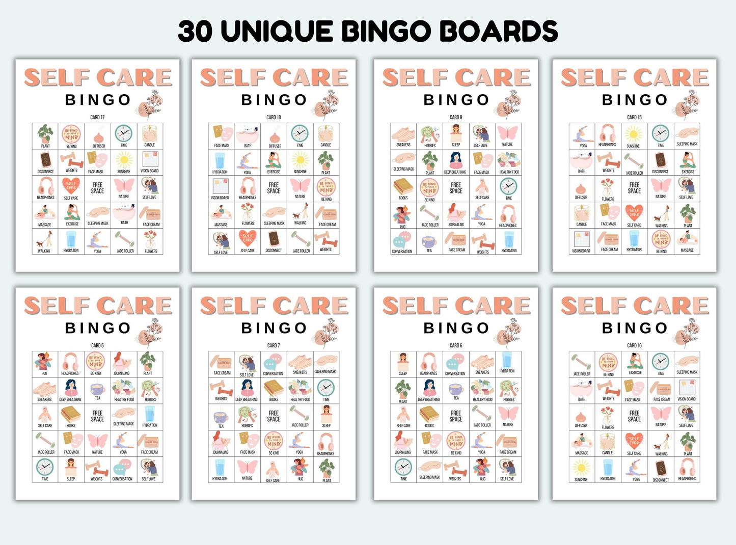 Set of 8 self-care bingo boards on a white background