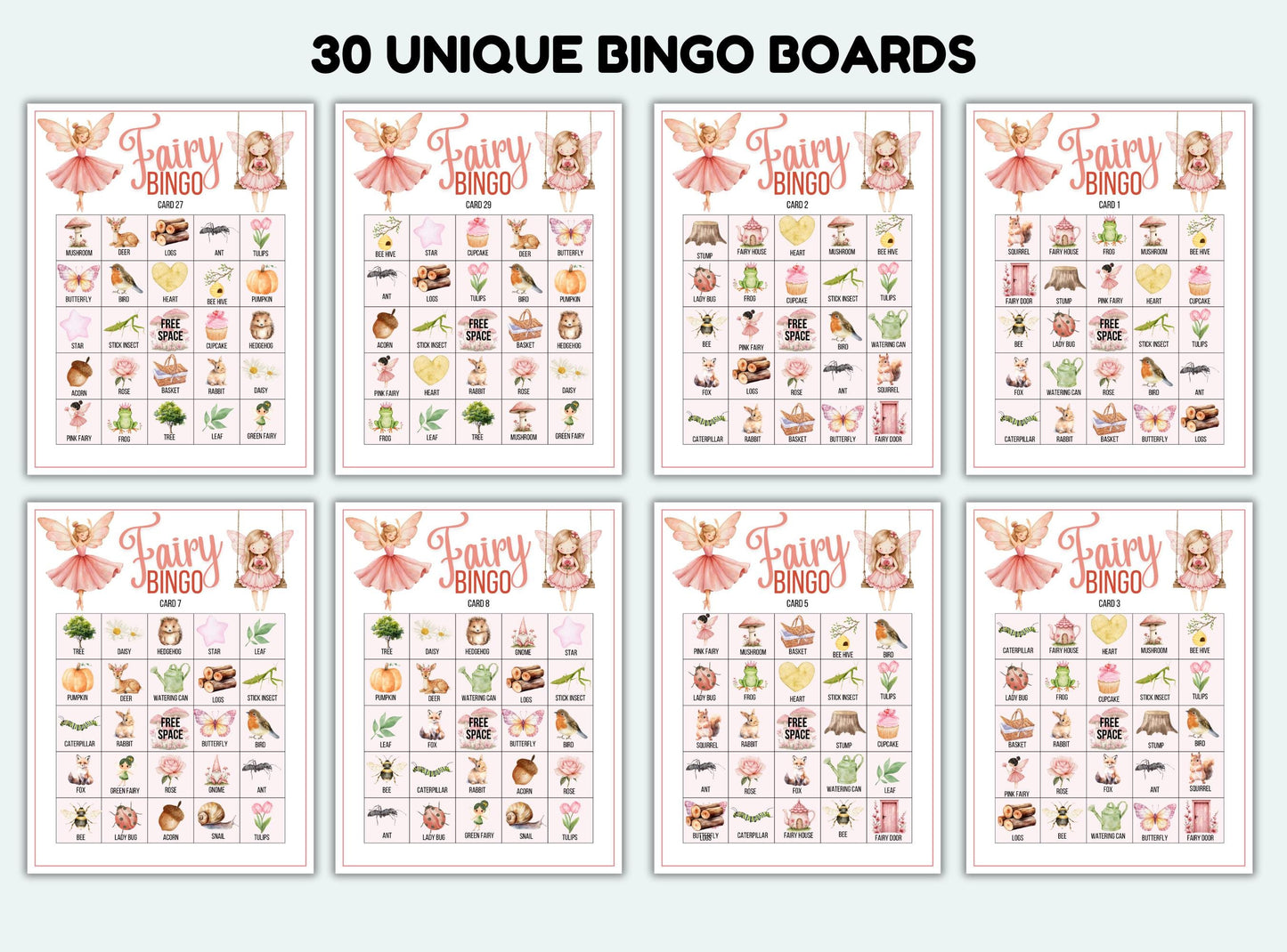 Set of 30 unique fairy-themed bingo boards on a white background