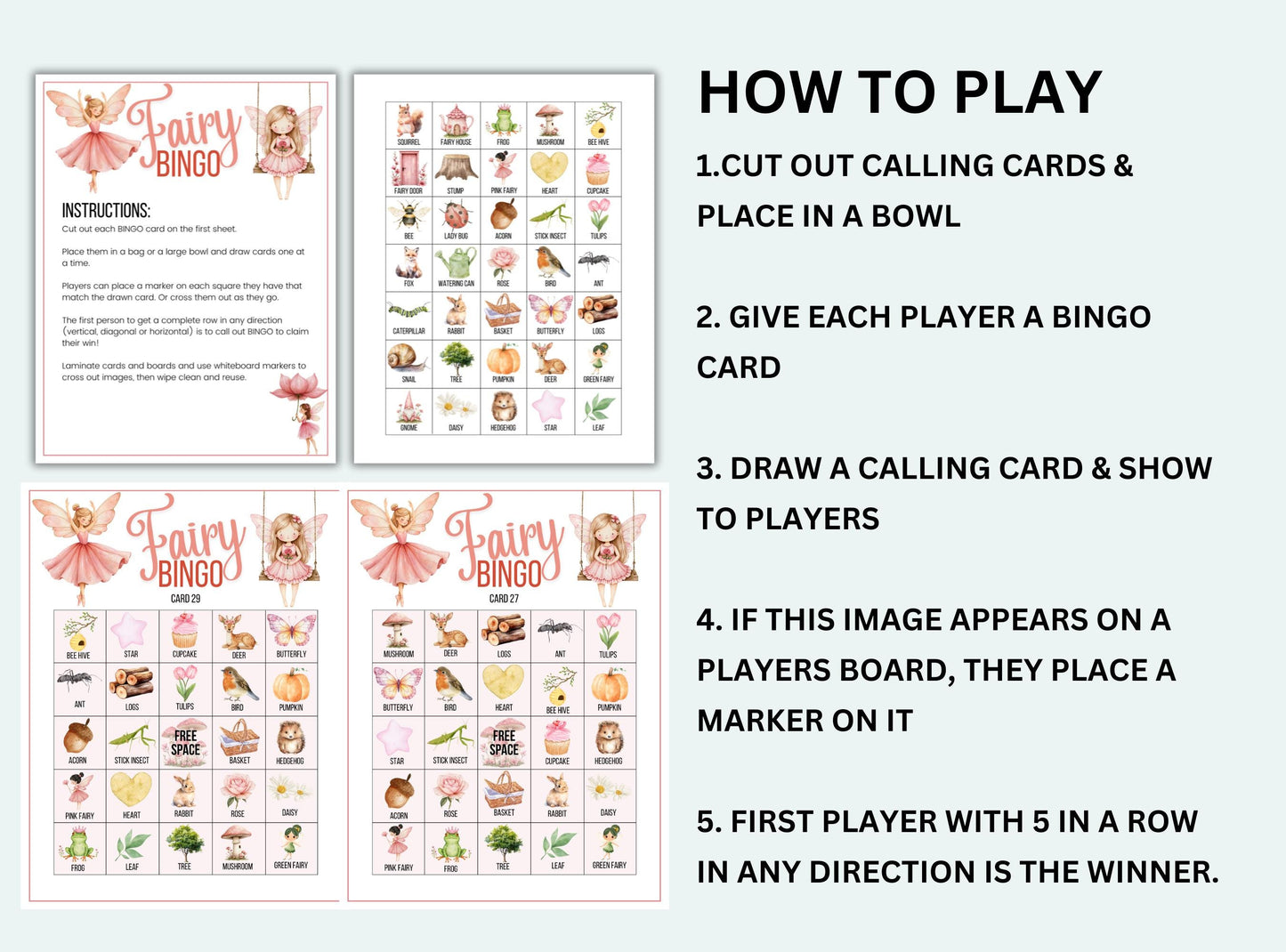 Fairy-themed bingo game cards with instructions on how to play.