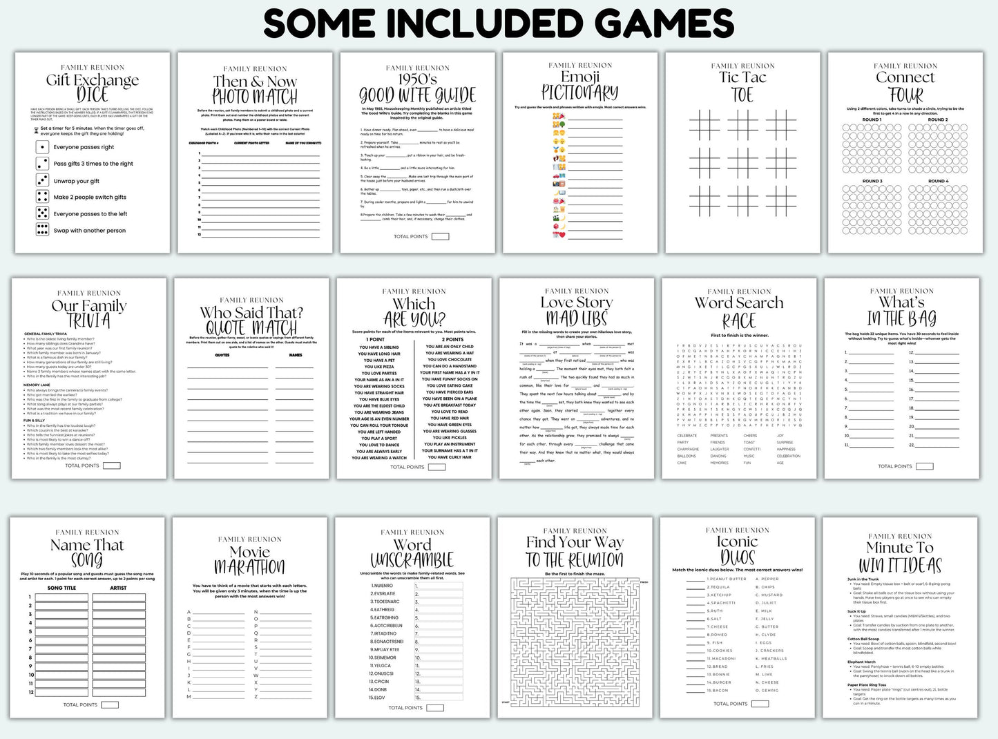 Collection of printed games and activities on a white background