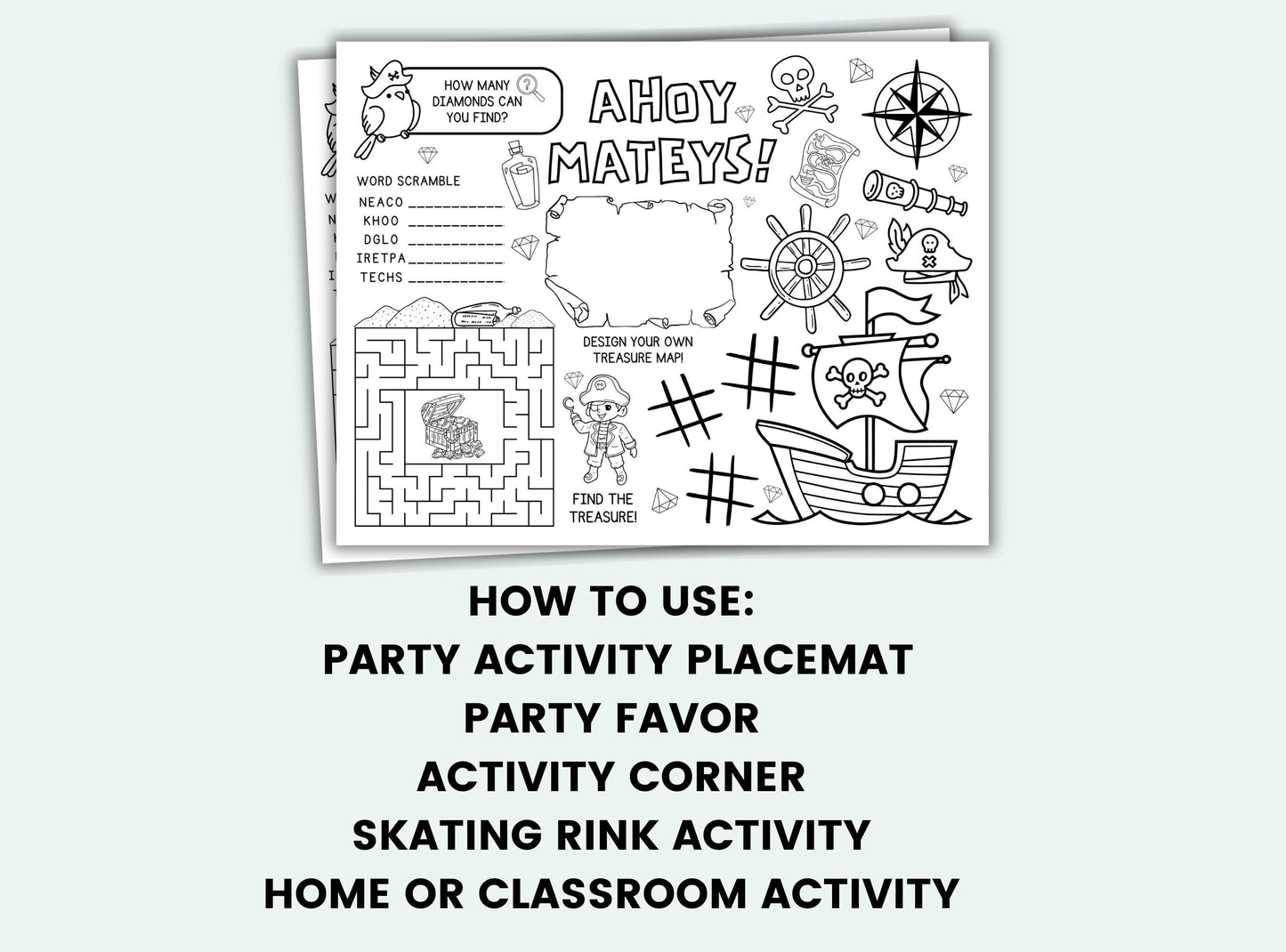 Pirate-themed activity placemat with text on a white background
