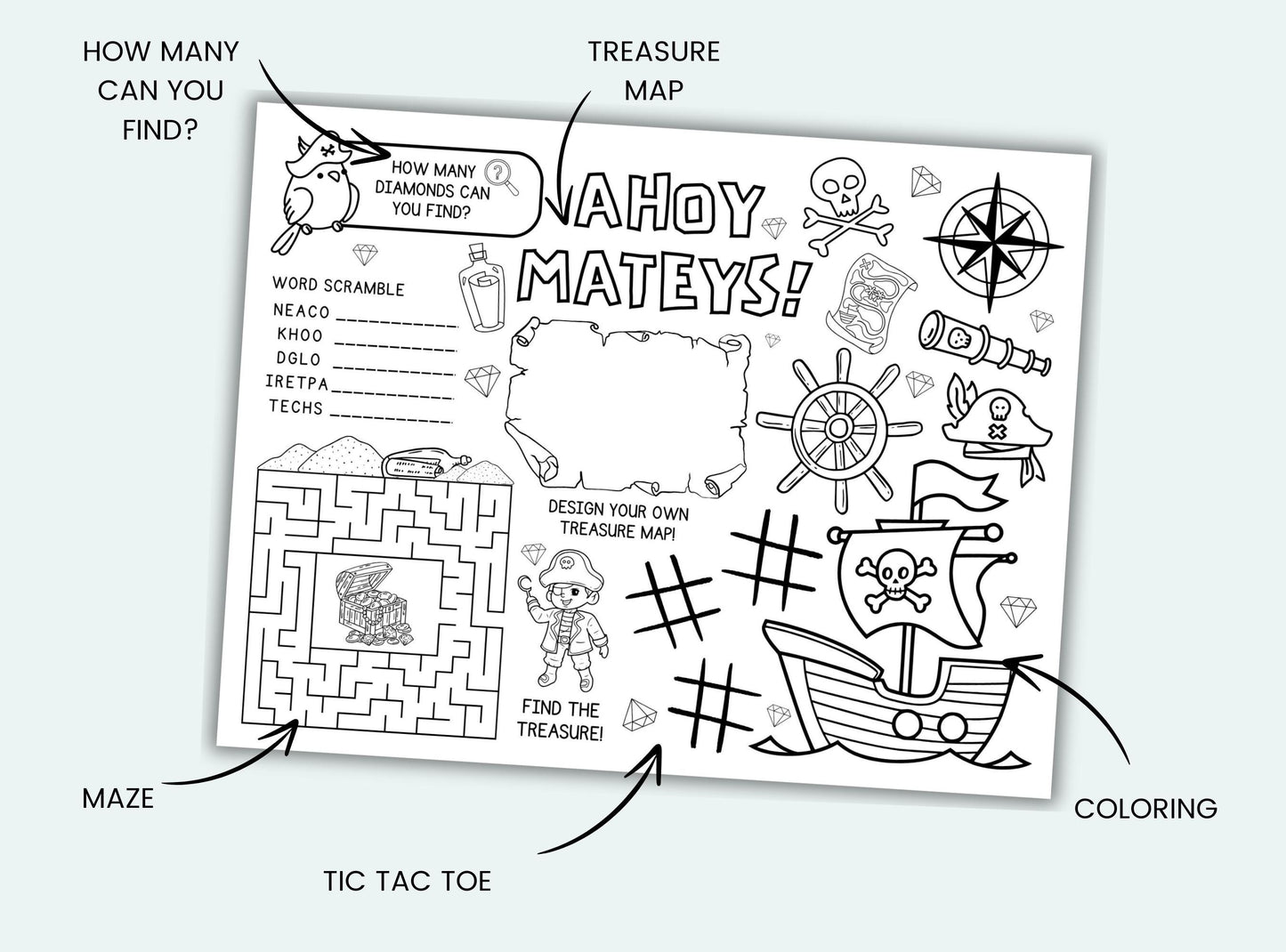 Pirate-themed activity sheet with various games and a coloring section on a white background.