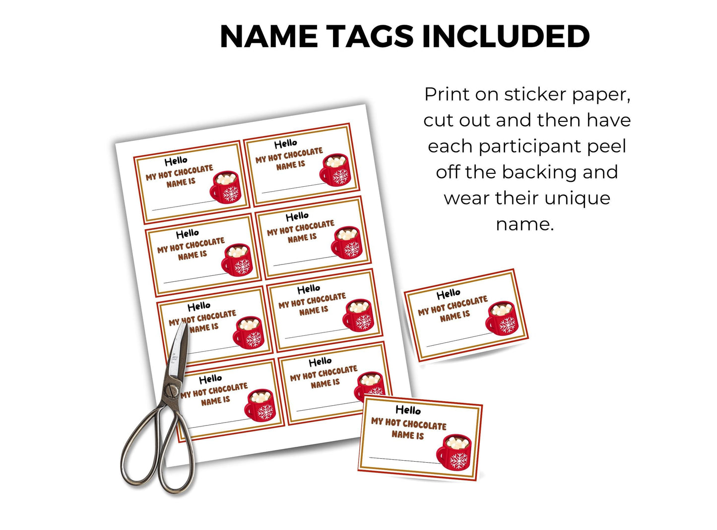 Sheet of name tags with a red cup design and text, scissors on a white background.