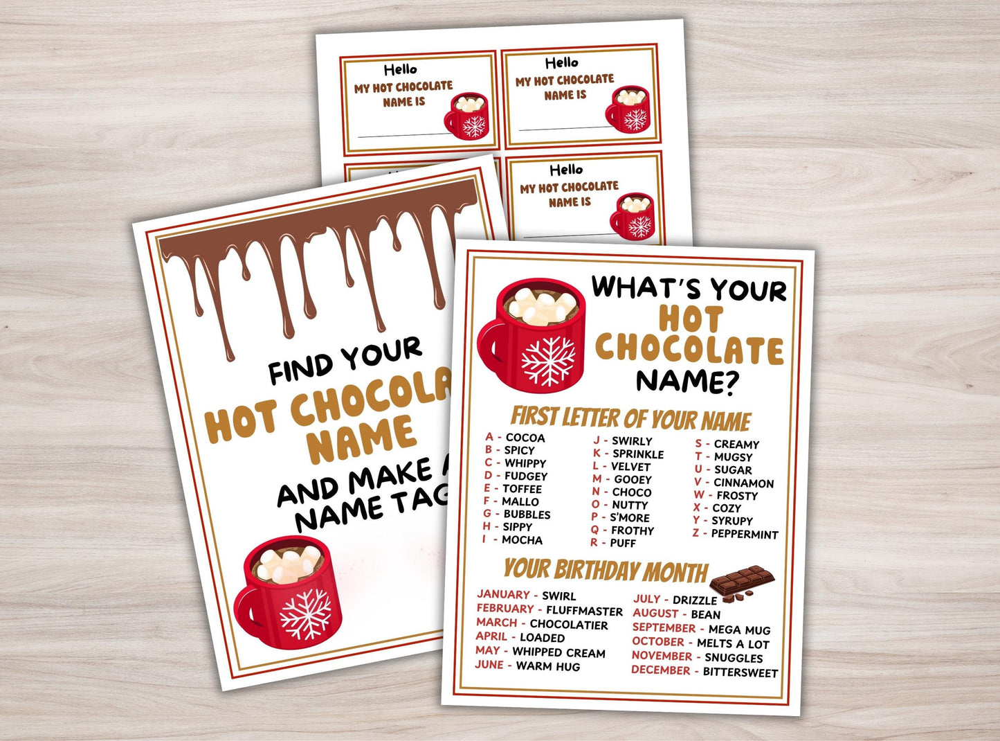 Hot chocolate-themed name tag printables on a wooden surface