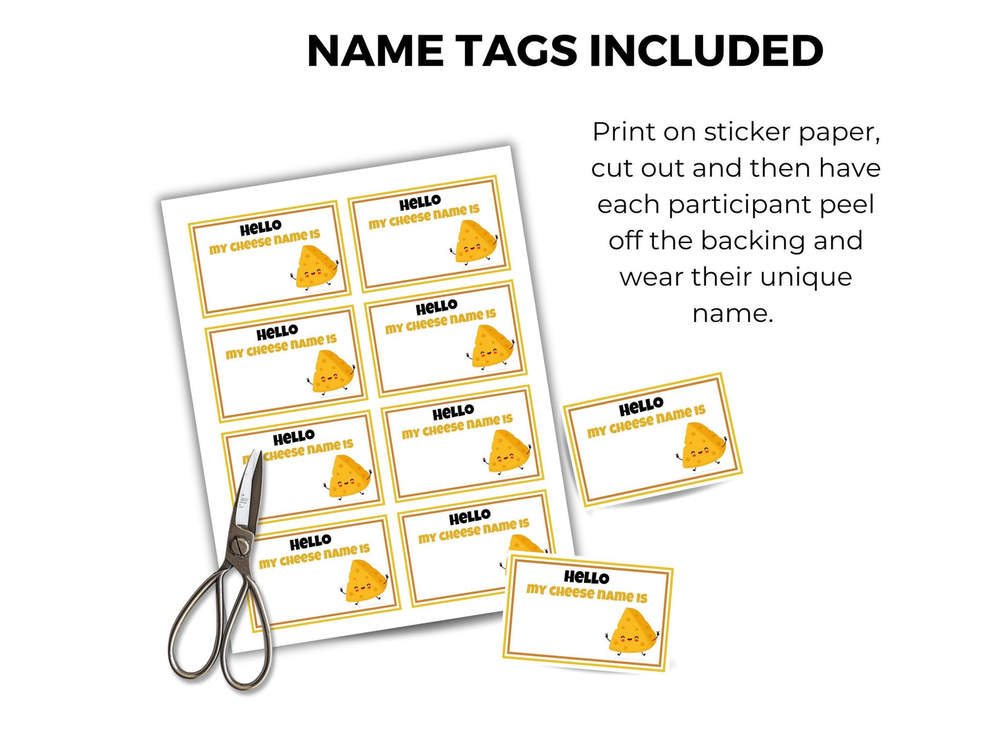 Sheet of name tags with cheese character design and scissors on a white background