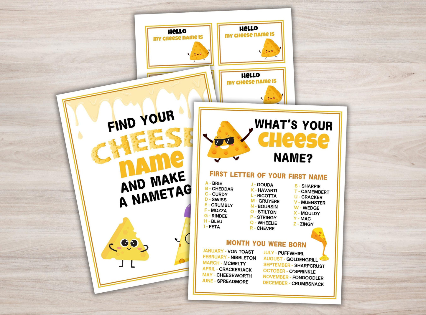 Cheese-themed name tag printables with a wooden background