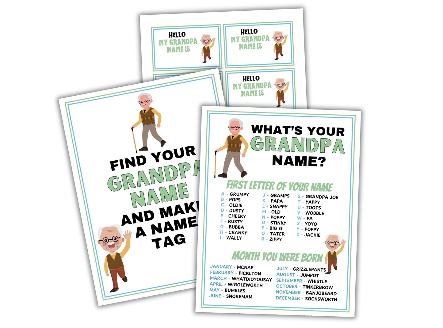 Set of educational posters for children to guess their grandpa's name and create a name tag.