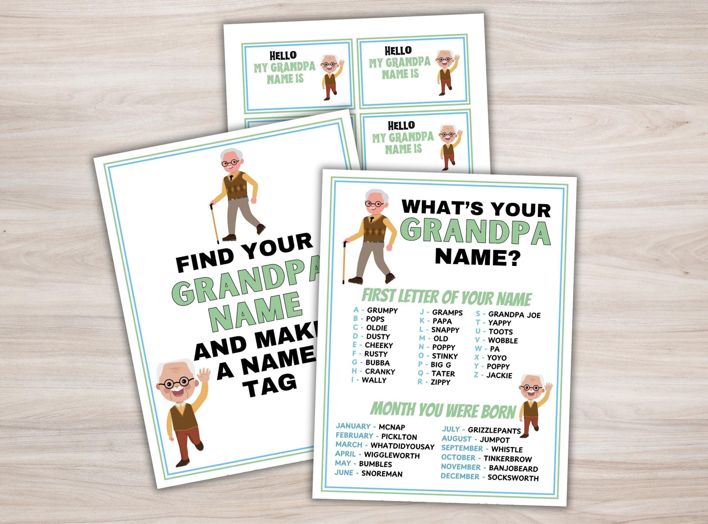 Three printed sheets with a 'Hello My Grandpa Name Is' game on a wooden surface.