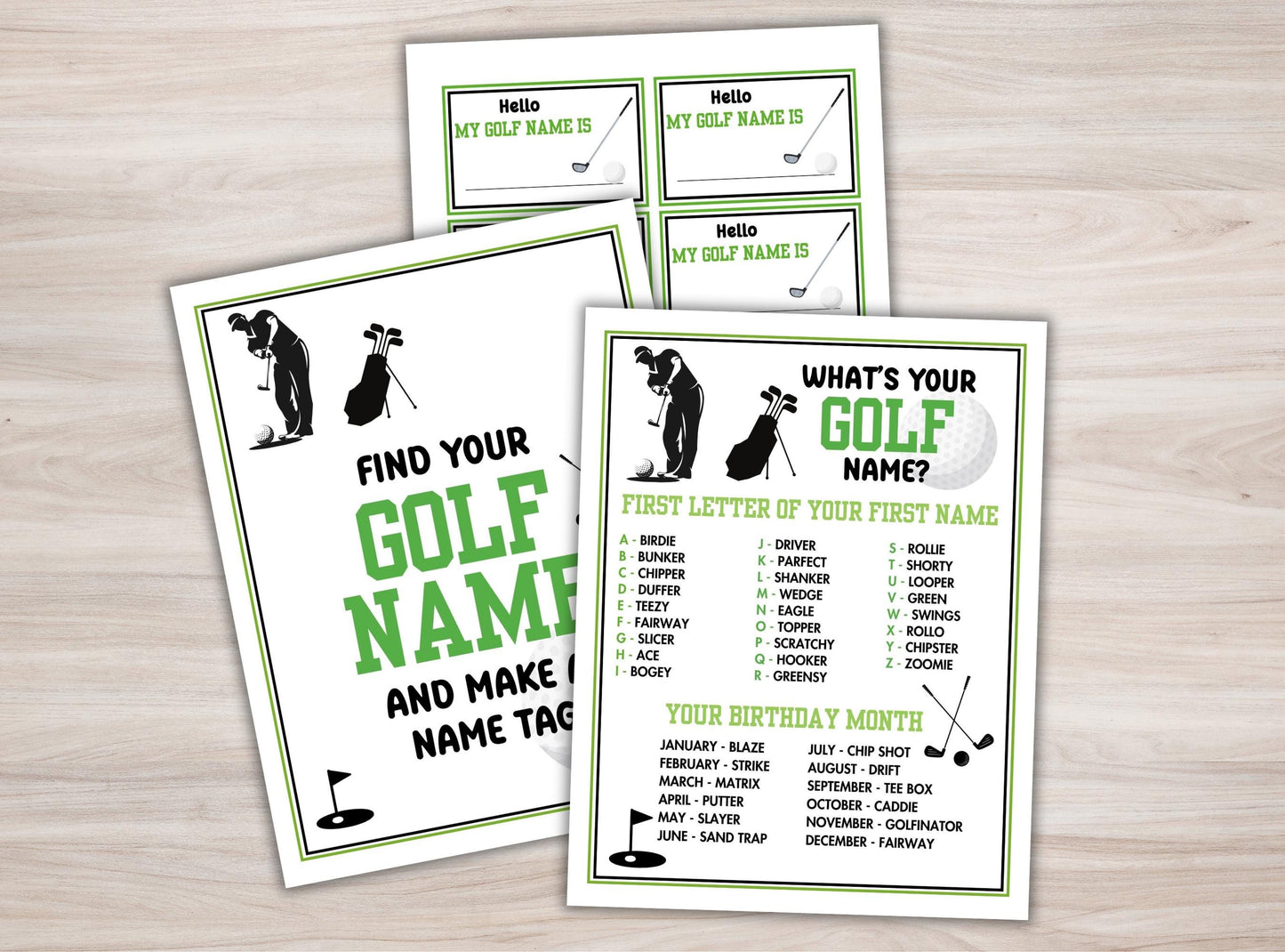 Golf-themed name tag printables on a wooden surface