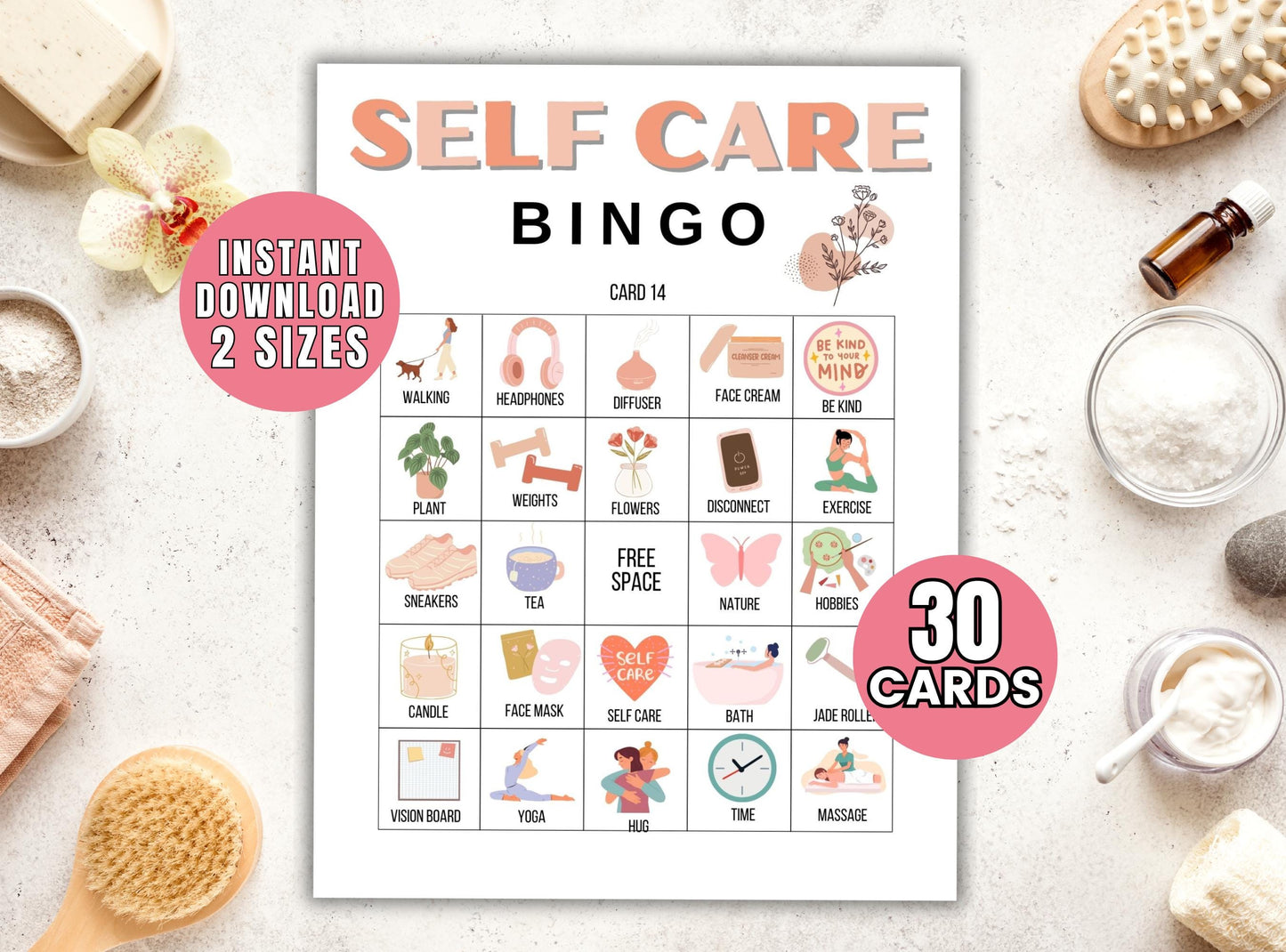 Self-care bingo card with various self-care activities on a white surface with self-care items.