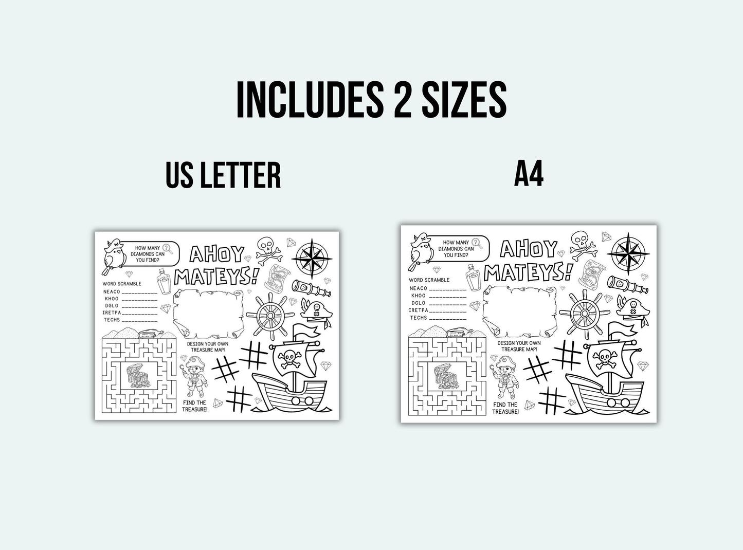 Two pirate-themed worksheets for US Letter and A4 sizes on a white background.