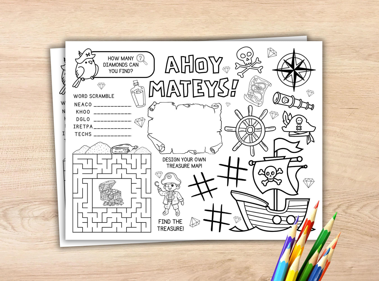 Pirate-themed activity sheet with coloring and puzzles on a wooden surface