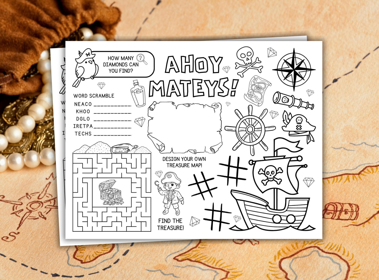 Pirate-themed activity sheet with coloring and puzzles on a map background