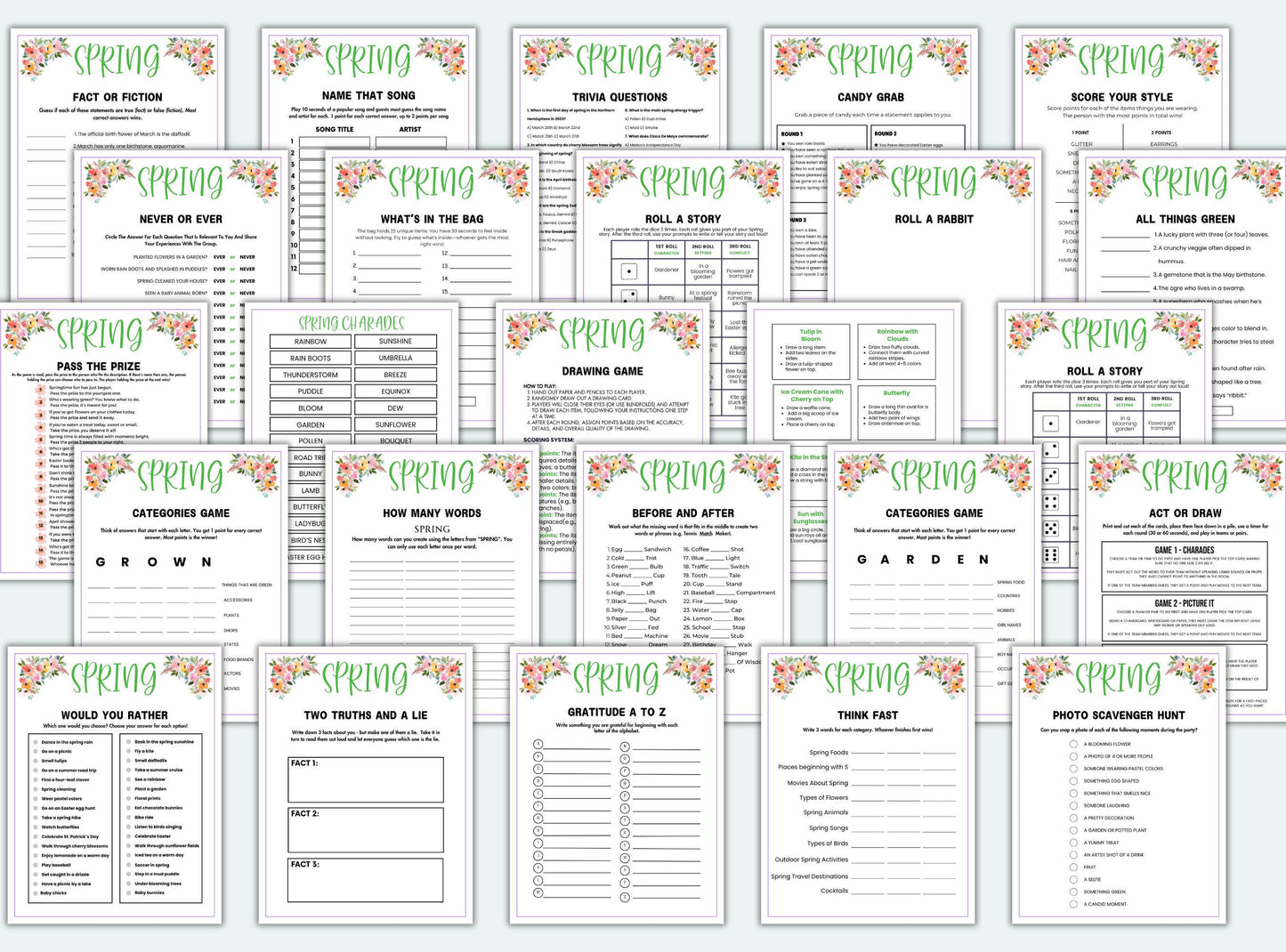 Collection of spring-themed trivia cards on a white background