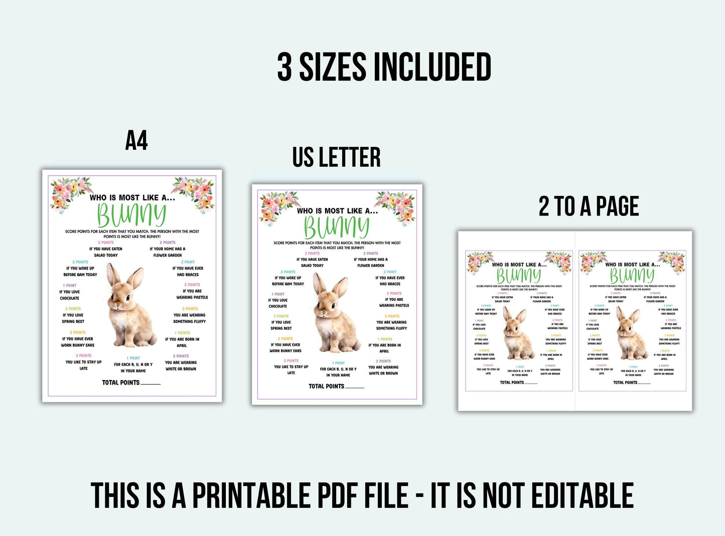 Three printable PDF files with a bunny design, labeled A4, US Letter, and two per page.