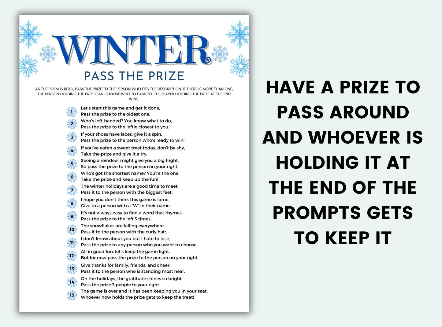 Game sheet titled 'Winter Pass the Prize' with instructions and text on a white background.