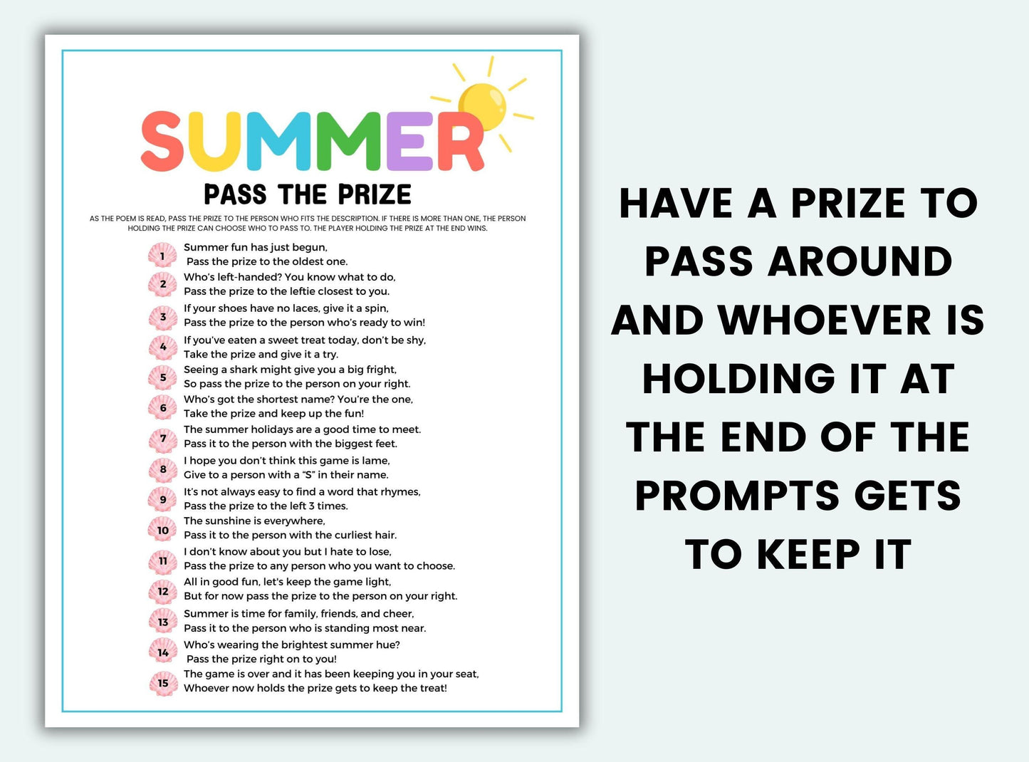 Summer pass the prize game sheet with instructions on a white background