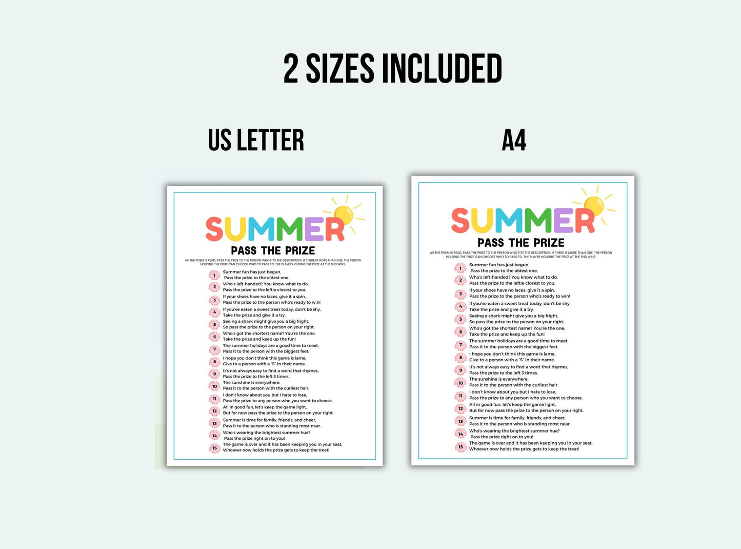 Two versions of a 'Summer Pass the Prize' game sheet, one US Letter size and one A4 size, on a white background.