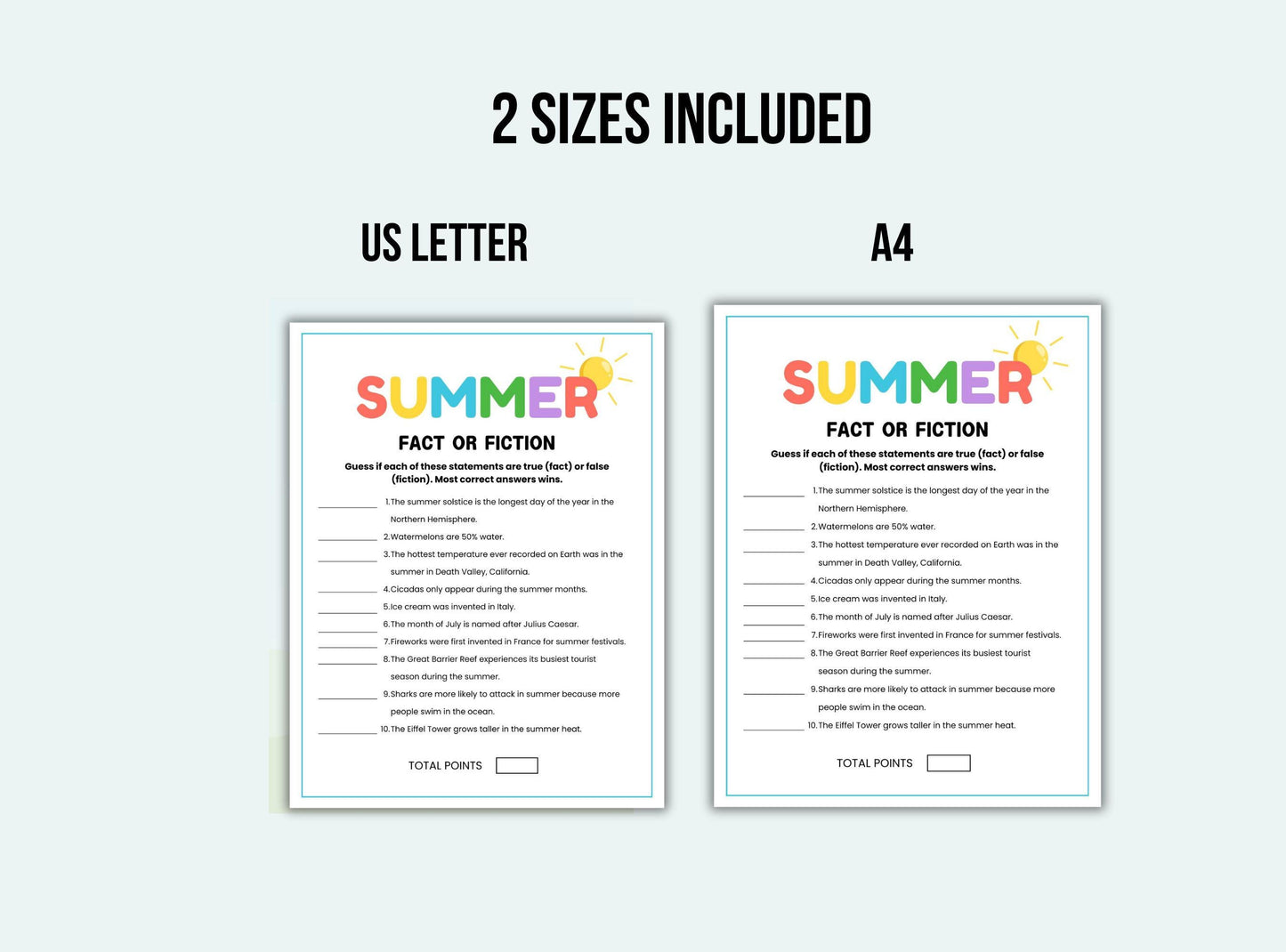 Two versions of a 'Summer Fact or Fiction' worksheet, one US Letter size and one A4 size, on a white background.