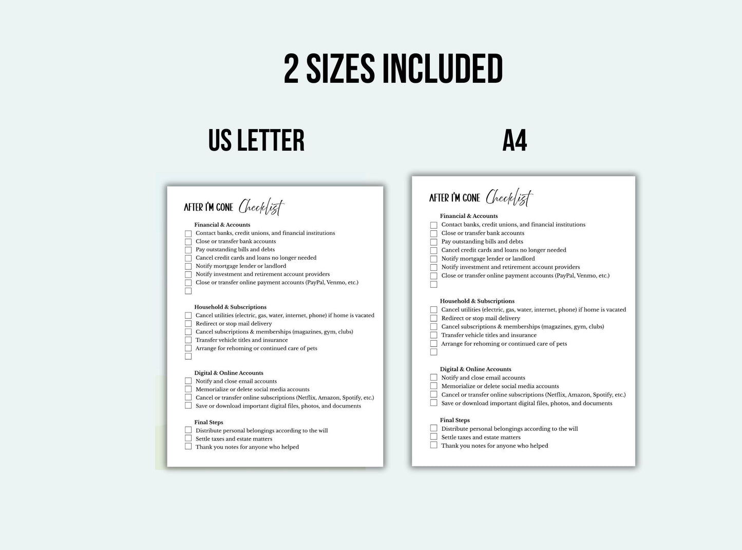 Two checklists for 'After I'm Gone' on US Letter and A4 paper sizes.