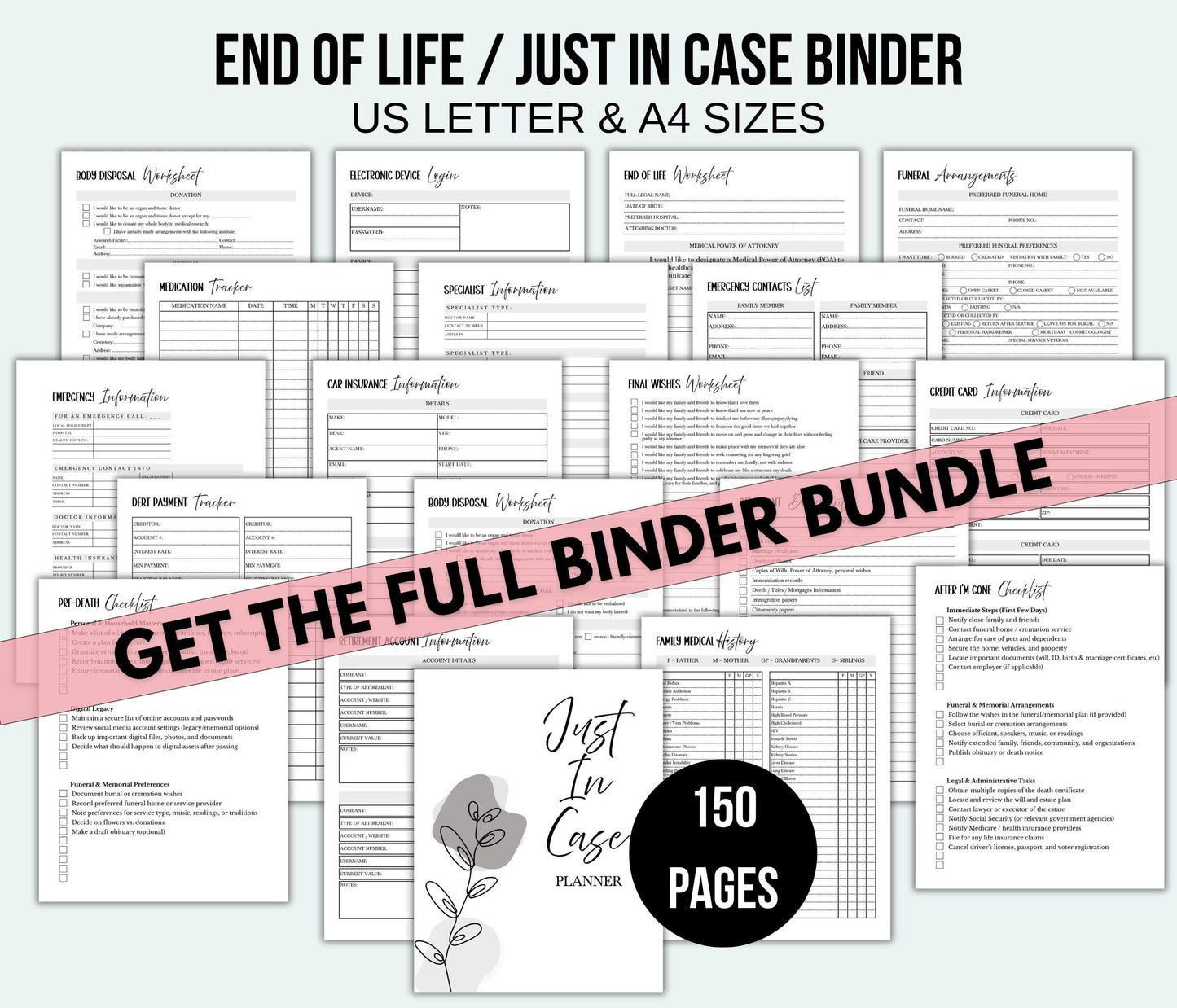 Collection of printed pages from a 'Just In Case' binder with a promotional banner.