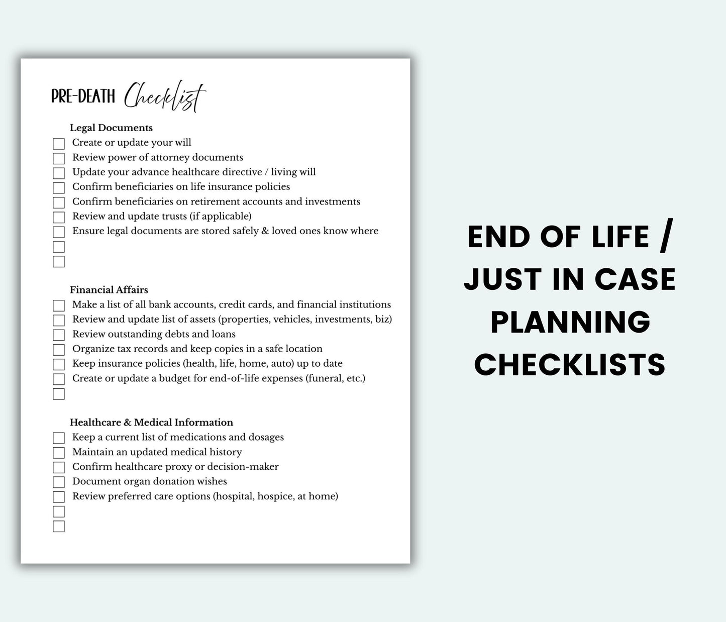 Pre-death checklist for end of life planning on a light gray background
