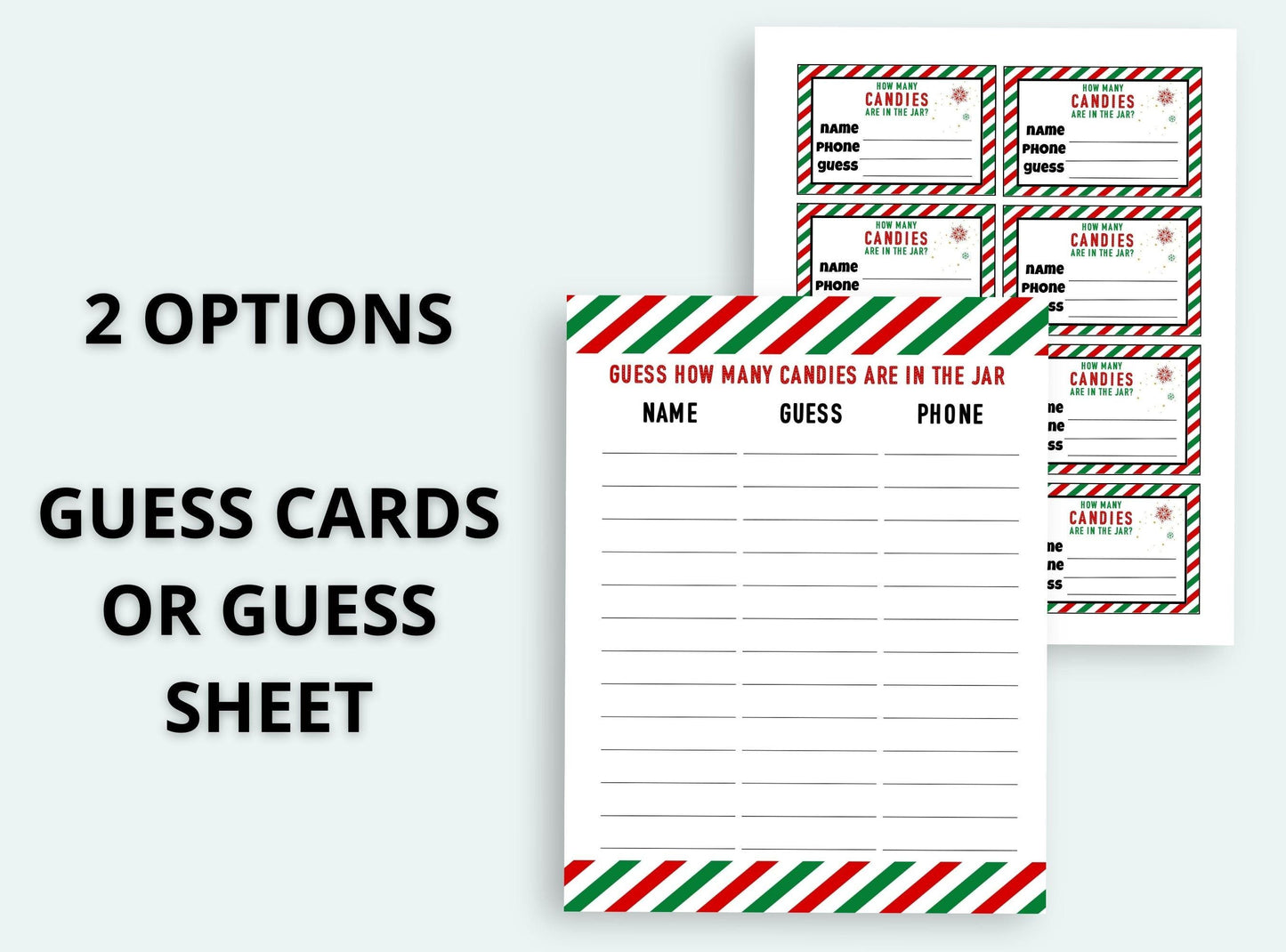 Guess card or guess sheet with candy-themed design on a white background