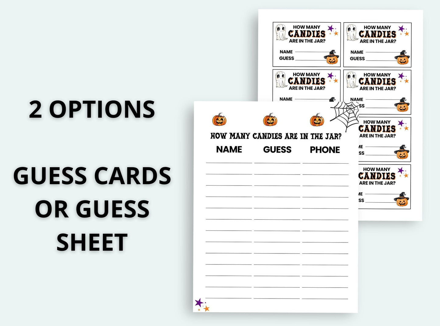 Halloween-themed guess card or guess sheet with pumpkins and spider webs on a white background.
