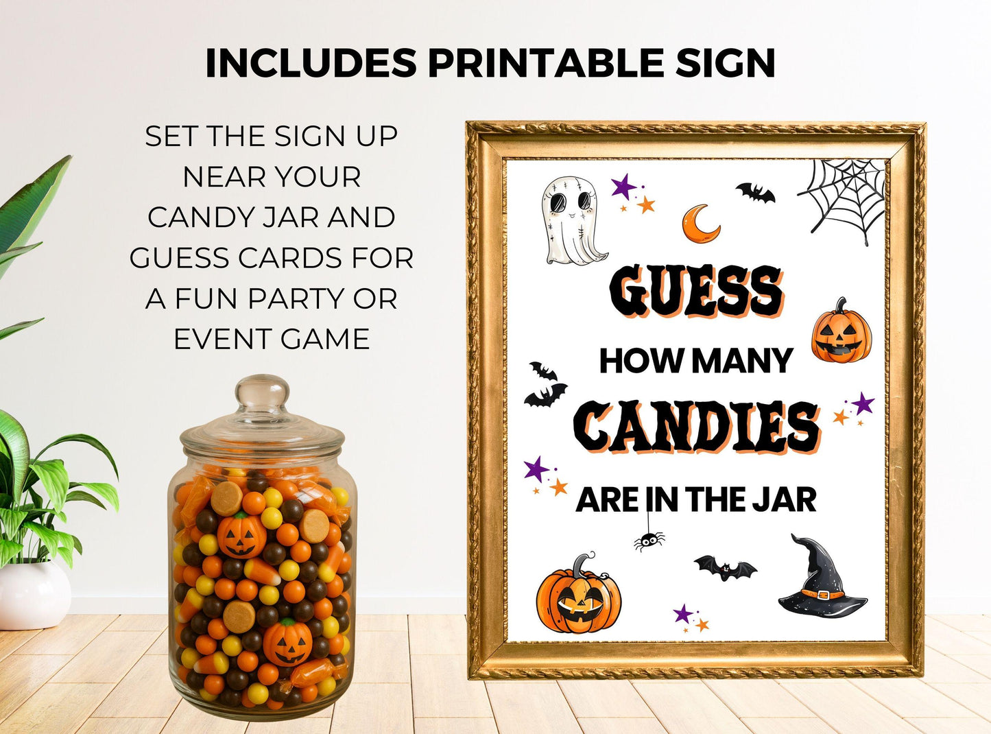Halloween-themed candy jar with decorative sign and text about a party game.